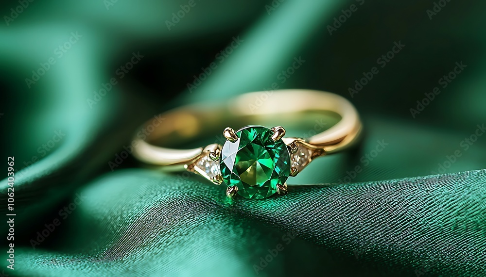 Close-up of a green emerald engagement ring against a green satin background. Close-up of a green emerald engagement ring against a green satin background.