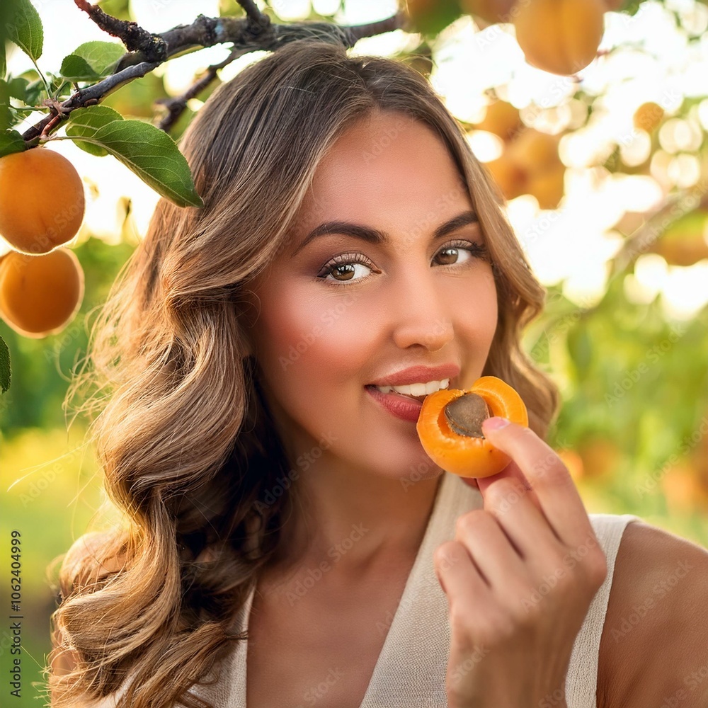 beautiful and elegant young Caucasian woman eating an apricot, A beautiful and elegant young Caucasian woman eating an apricot, A