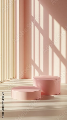 Minimalist pink podiums bathed in soft sunlight, casting elegant shadows on a pastel backdrop. Architectural columns add depth to this serene scene.