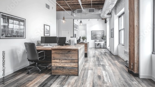 Modern office interior with reclaimed wood desks, white walls, and exposed beams.