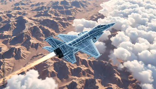 A stunning digital wireframe jet fighter gracefully flies over a vividly detailed terrain map, blending cutting-edge technology with the beauty of the natural landscape beneath