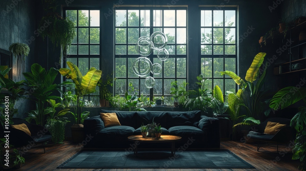 A dark and moody living room with large windows and lush greenery, featuring a black sofa, coffee table, and a unique glass bubble chandelier. A dark and moody living room with large windows and lush greenery, featuring a black sofa, coffee table, and a unique glass bubble chandelier.