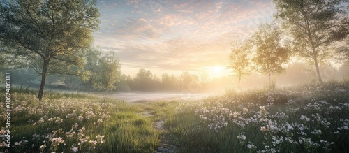 A scenic sunrise over a foggy meadow with wildflowers and trees.