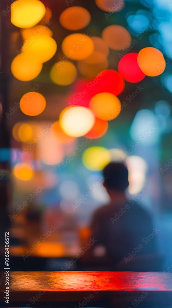 Blurred silhouette of a person at a bar or cafe, surrounded by vibrant bokeh lights creating a dreamy, colorful atmosphere. Night scene with warm and cool tones. Blurred silhouette of a person at a bar or cafe, surrounded by vibrant bokeh lights creating a dreamy, colorful atmosphere. Night scene with warm and cool tones.