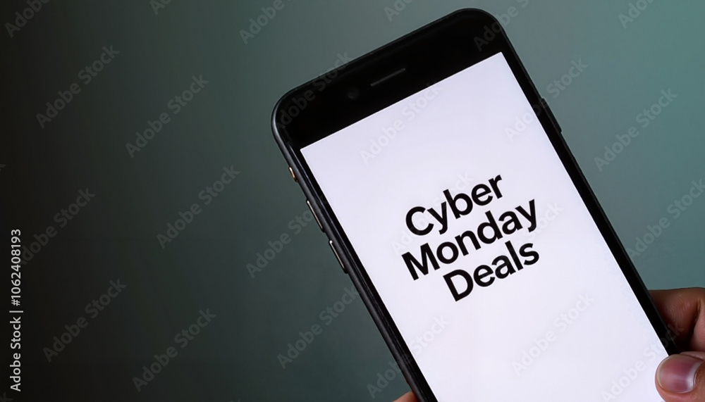Fototapeta premium Smartphone displaying Cyber Monday deals text in a modern and minimalistic design