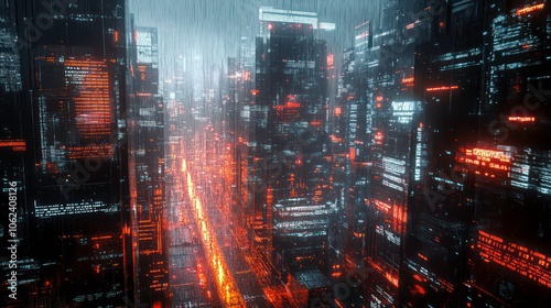 A futuristic cityscape with glowing buildings and rain, evoking a cyberpunk atmosphere.