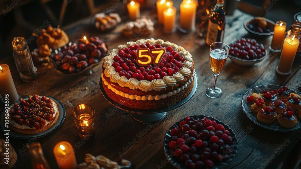 A birthday cake with the number 57 lit candles surrounded by a spread of desserts, fruits, and a glass of champagne on a wooden table. A birthday cake with the number 57 lit candles surrounded by a spread of desserts, fruits, and a glass of champagne on a wooden table.