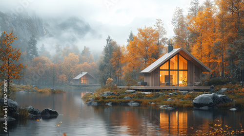 Chalet moderne en bois au bord d'un lac