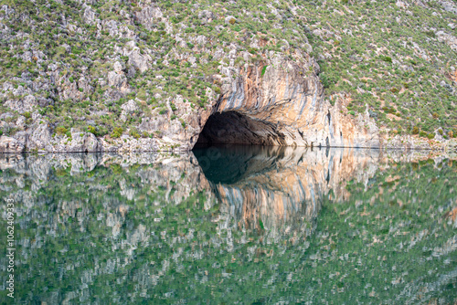 Reservoir dam at Quentar on cloudy weather, Granada province, Andalusia, Spain photo