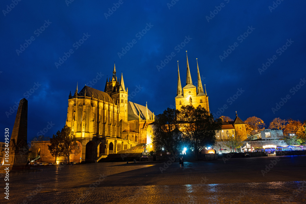cathedral square in Erfurt with view to cathedral and church Severi in the blue hour cathedral square in Erfurt with view to cathedral and church Severi in the blue hour