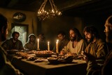 A realistic, moody Last Supper scene, Jesus and twelve disciples recline around a low table in a candle-lit stone room. 