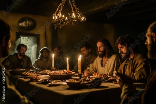 A realistic, moody Last Supper scene, Jesus and twelve disciples recline around a low table in a candle-lit stone room. 