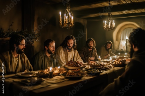 A realistic, moody Last Supper scene, Jesus and twelve disciples recline around a low table in a candle-lit stone room. 