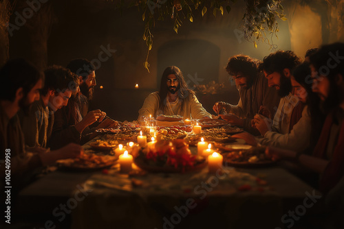 A realistic, moody Last Supper scene, Jesus and twelve disciples recline around a low table in a candle-lit stone room. 