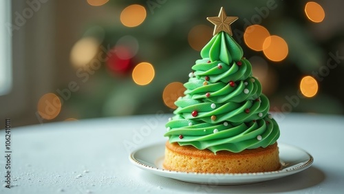 cake in the shape of a Christmas tree with green cream on a white blurred Christmas background