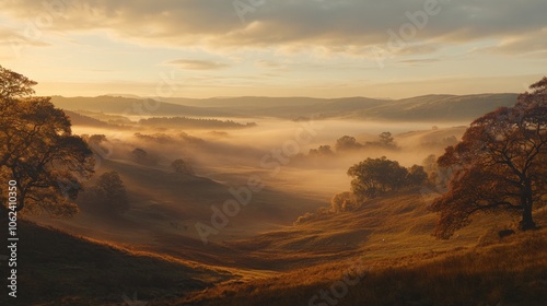 Golden sunrise over rolling hills with fog in the valley.