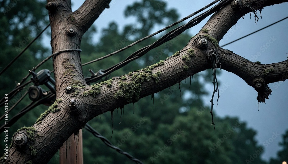 Damaged Tree Branch Over Electrical Wires Damaged Tree Branch Over Electrical Wires