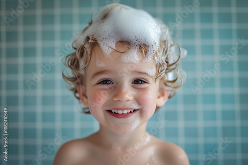 Young boy taking a bath. His head is very much full of children shampoo.