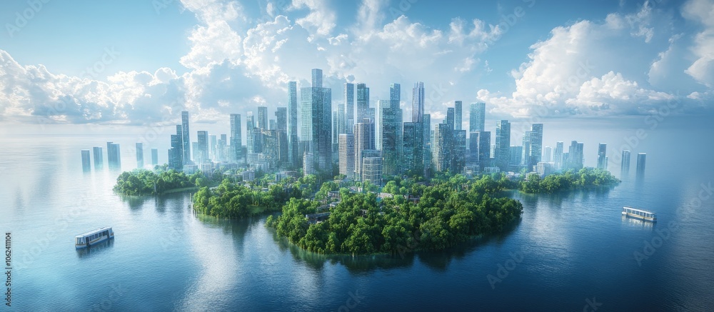Fototapeta premium A modern cityscape on an island surrounded by water with blue skies and white clouds.