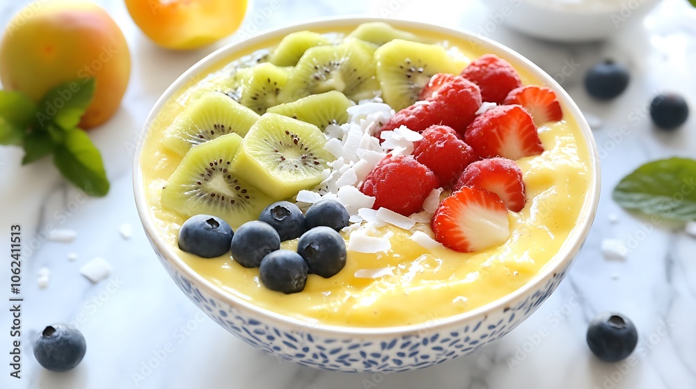 A refreshing tropical smoothie bowl topped with fresh fruit and coconut flakes A refreshing tropical smoothie bowl topped with fresh fruit and coconut flakes