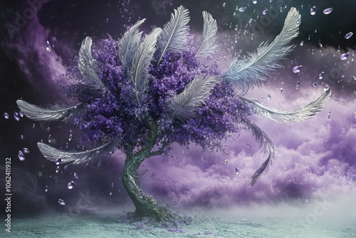 A violet and mint tree with silver-lavender feathers, covered in dewdrops floating before a time-bending vortex and lilac mist. photo