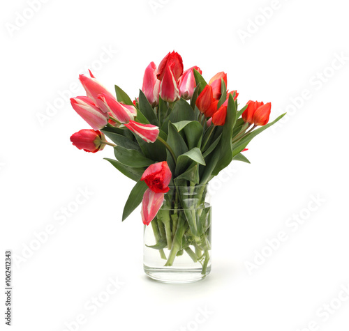 Red tulip flower in transparent glass vase on white. Minimalist still life. photo