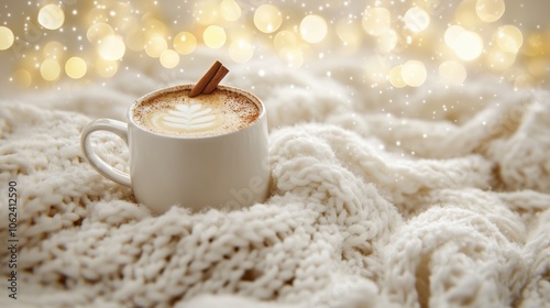 A warm latte with a cinnamon stick on a fluffy knitted blanket, illuminated by soft, festive lights.