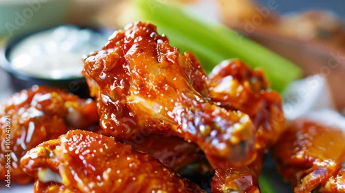 Close-up of golden crispy fried chicken wings tossed