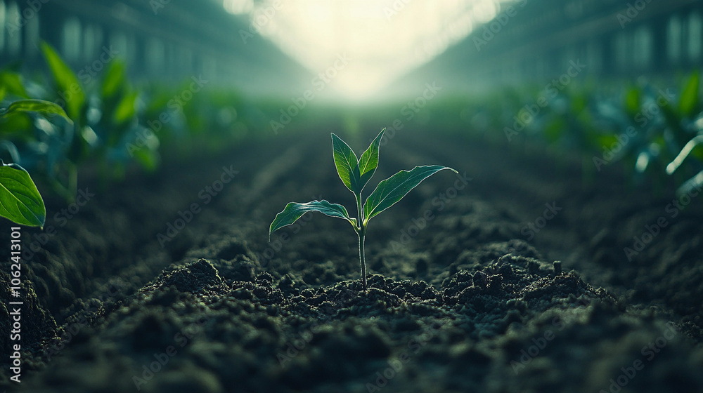 Young plant emerging from fertile soil in a greenhouse at dawn, symbolizing new growth Young plant emerging from fertile soil in a greenhouse at dawn, symbolizing new growth