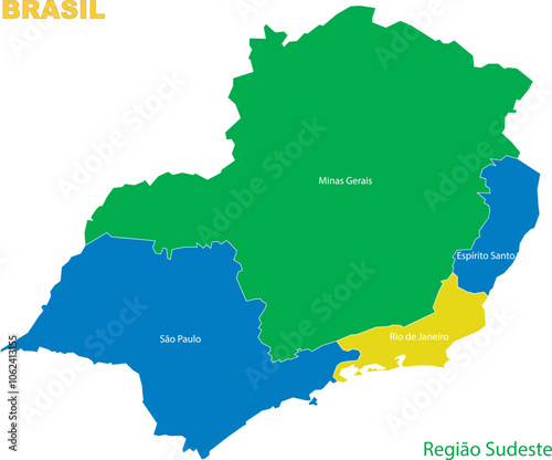 Map of the territory of the southeast region of Brazil with divisions by highlighted states, vector with simple lines of political divisions