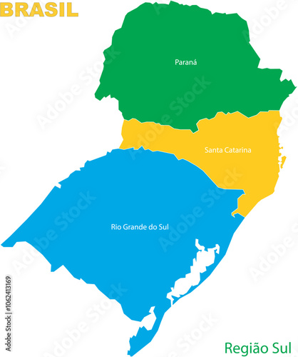 Map of the territory of the southern region of Brazil with divisions by highlighted states, vector with simple lines of political divisions