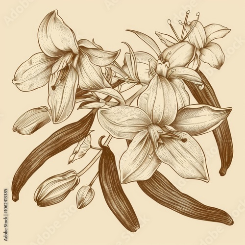 Vanilla flower, dried beans and leaves watercolor illustration. Orchid isolated on white background