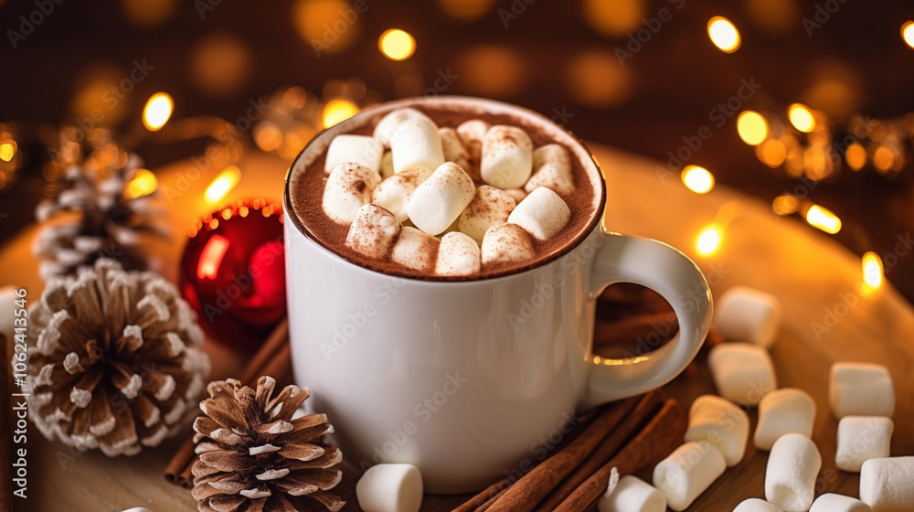 A cup of hot chocolate with marshmallows or coffee, surrounded by Christmas or holiday decorations A cup of hot chocolate with marshmallows or coffee, surrounded by Christmas or holiday decorations