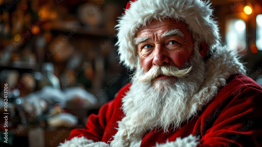 Santa Claus in a Rustic Setting Surrounded by Holiday Decorations and Cheer Santa Claus in a Rustic Setting Surrounded by Holiday Decorations and Cheer