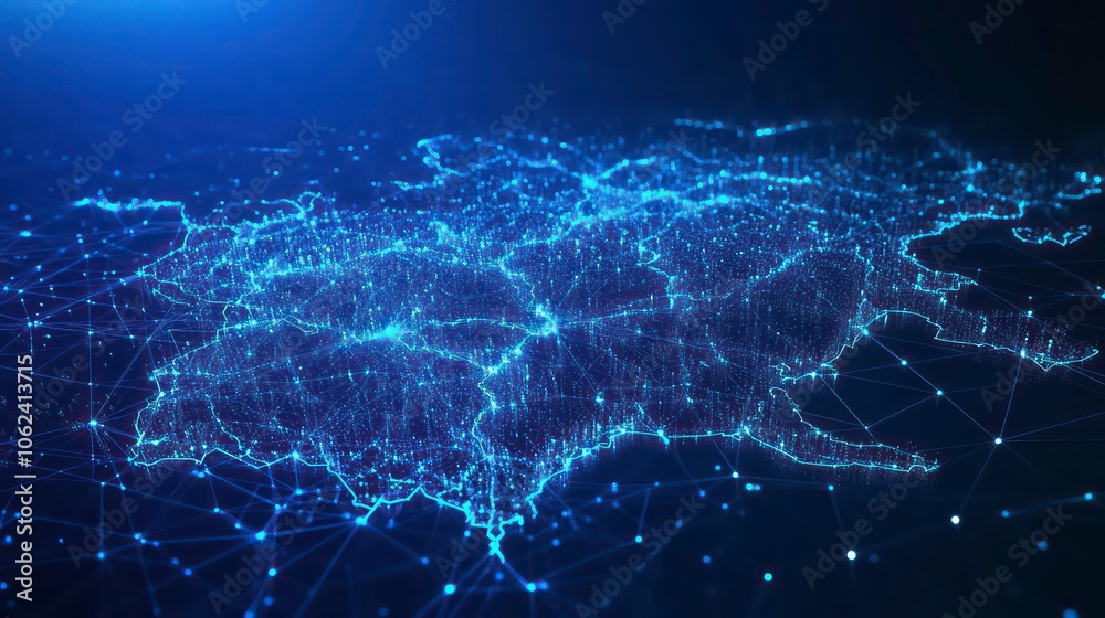 A digital representation of a networked map with glowing connections and nodes.