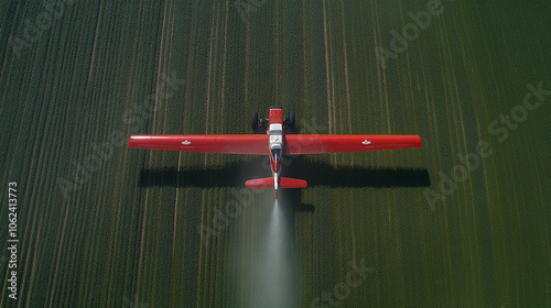 Aerial view of crop-dusting aircraft spraying pesticides over green farmland photo