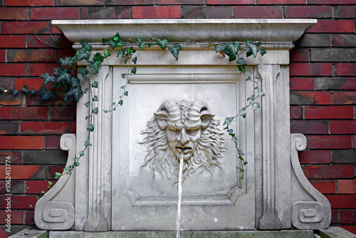 Obraz na płótnie płaskorzeźba, kamienna maska ścienna, architektura ogrodowa, bas-relief mask on the wall (Hedera ), maszkaron, rzeźba z piaskowca, fontanna ogrodowa, fontanna ścienna z piaskowaca otoczona bluszczem
w salonie