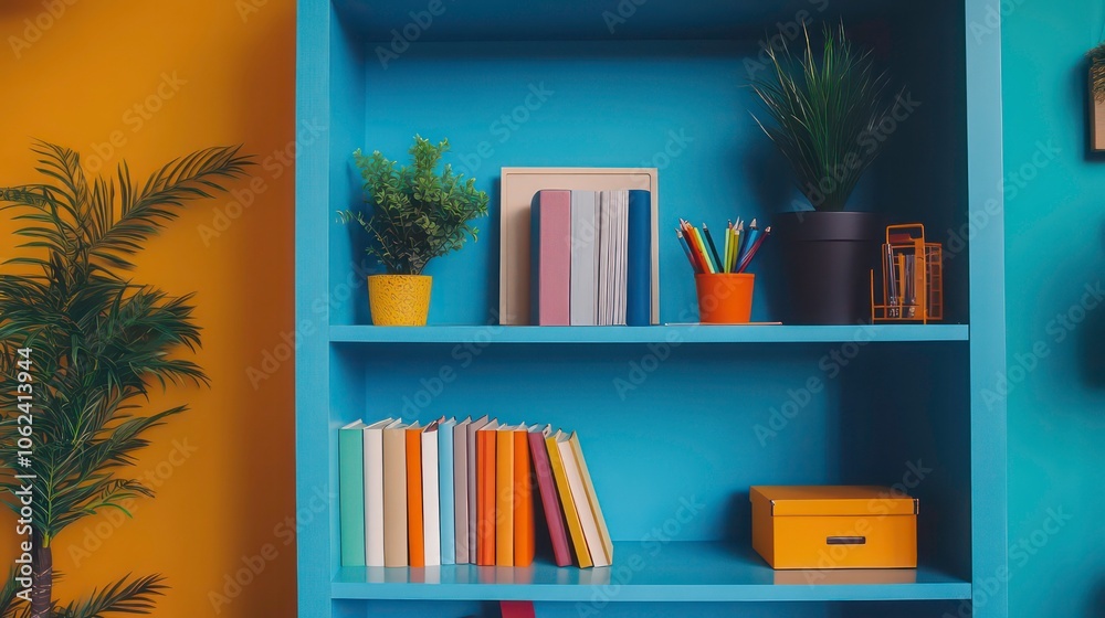 A colorful bookshelf featuring plants, books, and stationery in a vibrant room. A colorful bookshelf featuring plants, books, and stationery in a vibrant room.