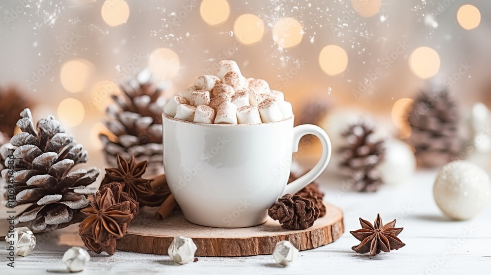 A cup of hot chocolate with marshmallows or coffee, surrounded by Christmas or holiday decorations A cup of hot chocolate with marshmallows or coffee, surrounded by Christmas or holiday decorations