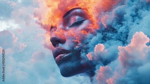 A woman's face appears to be made of clouds, with fiery orange hues.