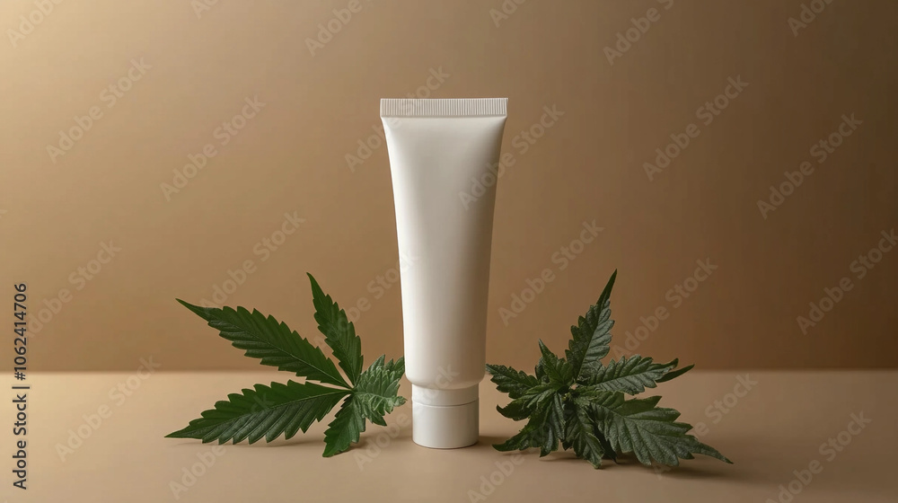 Natural skincare cream with cannabis leaves on a neutral background at a studio Natural skincare cream with cannabis leaves on a neutral background at a studio