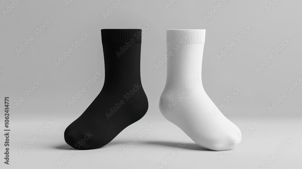 A pair of socks in black and white, showcasing simplicity and contrast in design. A pair of socks in black and white, showcasing simplicity and contrast in design.