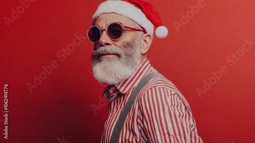 Stylish senior man in Santa hat and round sunglasses smiles confidently against vibrant red background, embodying cool Christmas spirit in striped shirt.