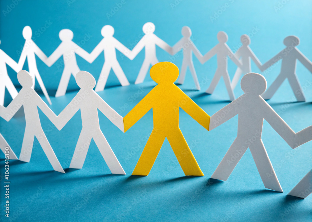 A circle group of paper people coming together as a team to support each other outstanding element A circle group of paper people coming together as a team to support each other outstanding element