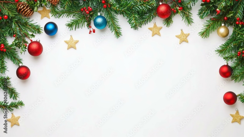 Christmas tree branches adorned with red, blue ornaments, creating festive holiday ambiance indoors. Christmas tree branches adorned with red, blue ornaments, creating festive holiday ambiance indoors.
