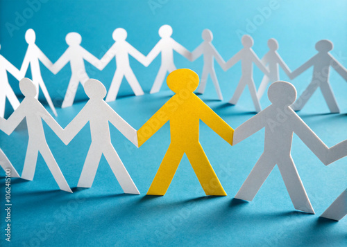 A circle group of paper people coming together as a team to support each other outstanding element