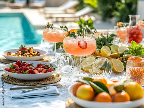 A festive table by the pool with refreshing cocktails