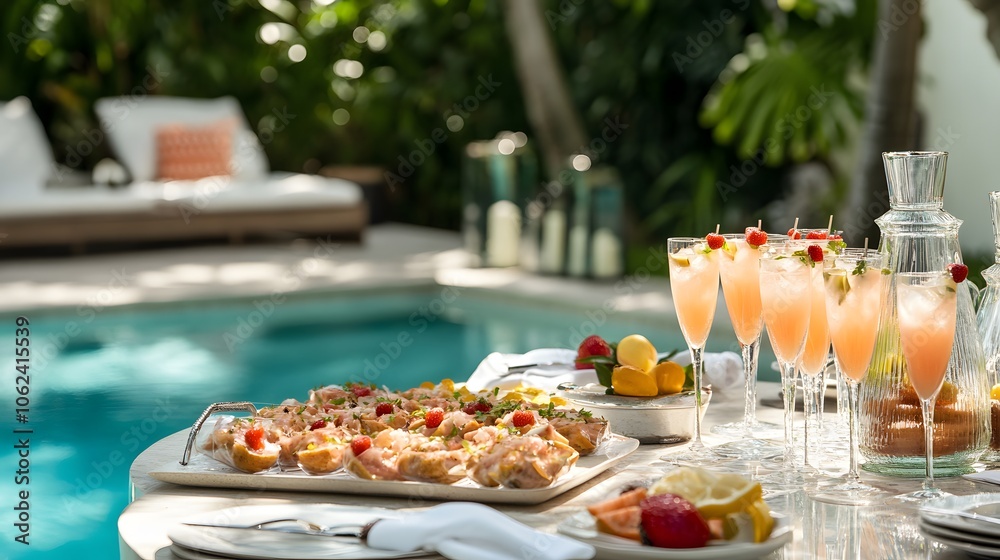 A festive table by the pool with refreshing cocktails A festive table by the pool with refreshing cocktails