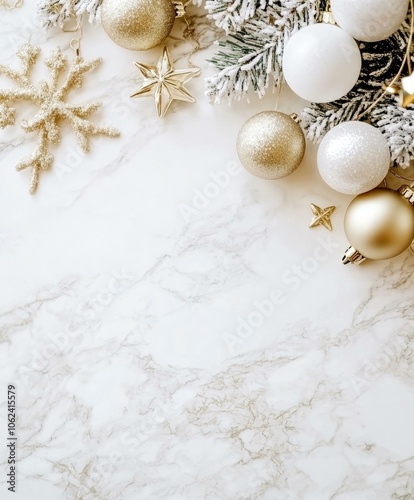 Festive Christmas scene featuring white and gold decorations, sparkling lights, and elegant holiday ornaments. photo