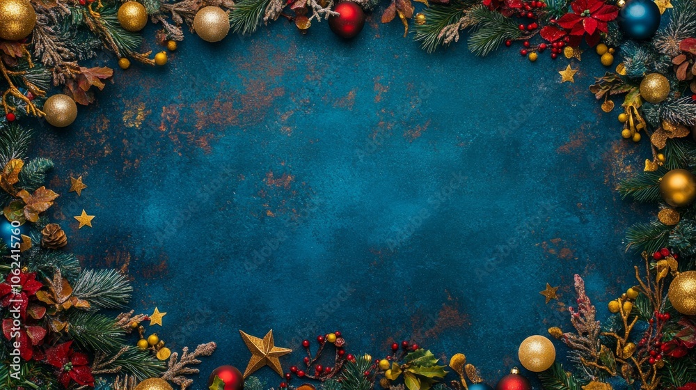 Blue background featuring Christmas wreath adorned with festive decorations, capturing holiday spirit.